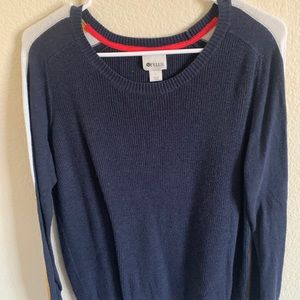 blue and yellow striped sweater